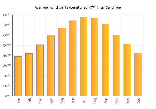 Carthage average temperature chart (Fahrenheit)