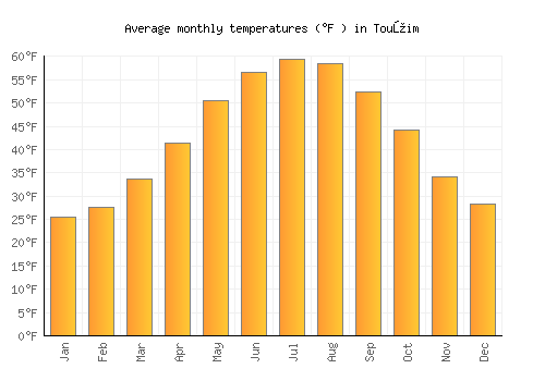 Toužim average temperature chart (Fahrenheit)