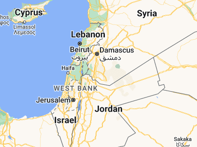 Map showing location of Al Ḩarāk (32.74932, 36.30994)