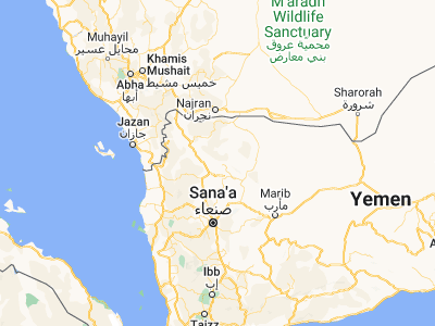 Map showing location of Al Khirāb (16.5544, 44.29048)