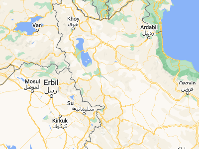 Map showing location of Mīāndowāb (36.9694, 46.1027)