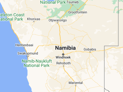 Map showing location of Okahandja (-21.98333, 16.91667)