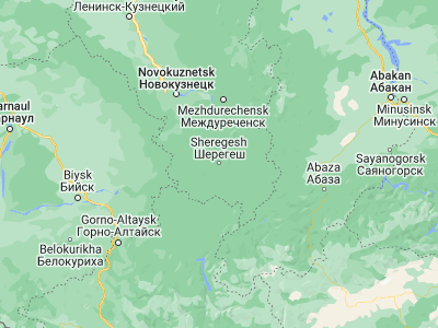 Map showing location of Sheregesh (52.9209, 87.9869)